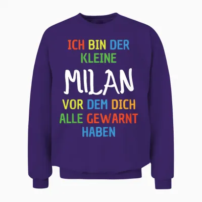 Children's Name Milan T-Shirt with German Text "ich Bin Der Kleine Milan, Black Unisex Sweatshirt - Purple