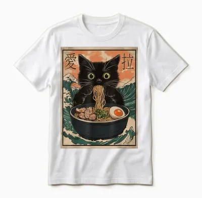 Cat Ramen Japanese Art Great Wave Kanagawa Funny Graphic Unisex T-Shirt - White