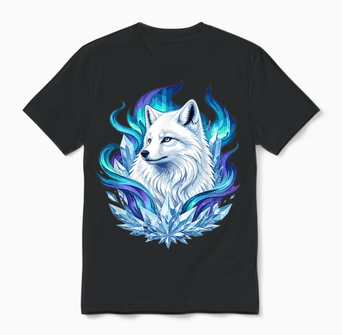 Loup De Glace Mystique Avec Cristaux Et Aurores Boréales Unisex T-Shirt in Black
