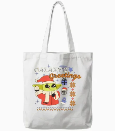 Amazon Essentials Men's the Mandalorian Grogu Christmas Holiday Galaxy's Greetings T-Shirt, Black Graphic Print, Small Tote Bags - White