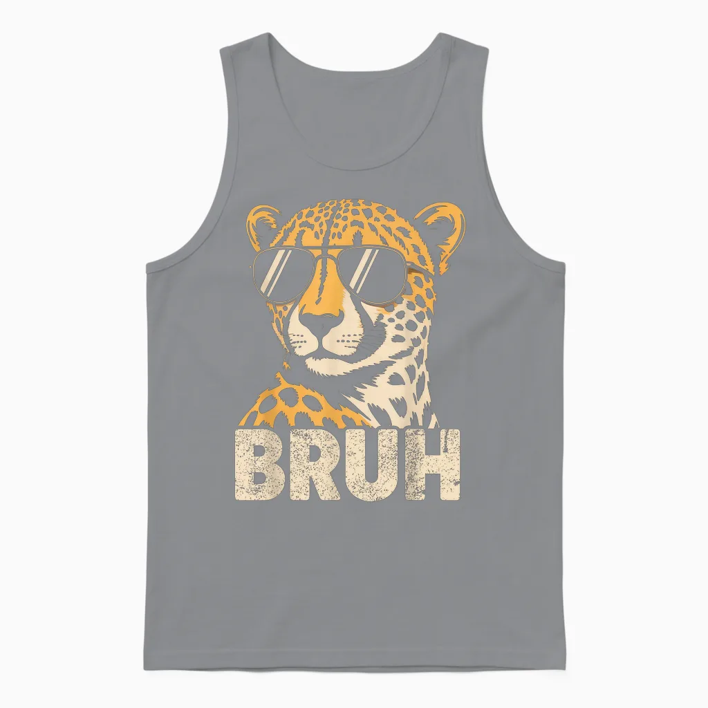 Bruh Cheetah Meme Graphic Tee Men Boys Animal Print Unisex Tank Top in Sport Grey