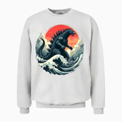 Vintage Japanese Kaiju Monster the Great Wave off Kanagawa Unisex Sweatshirt - White