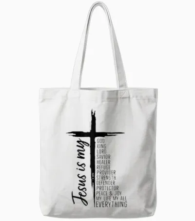 Cross Christian Christ Jesus Is My God King Lord and Savior Tote Bags - White