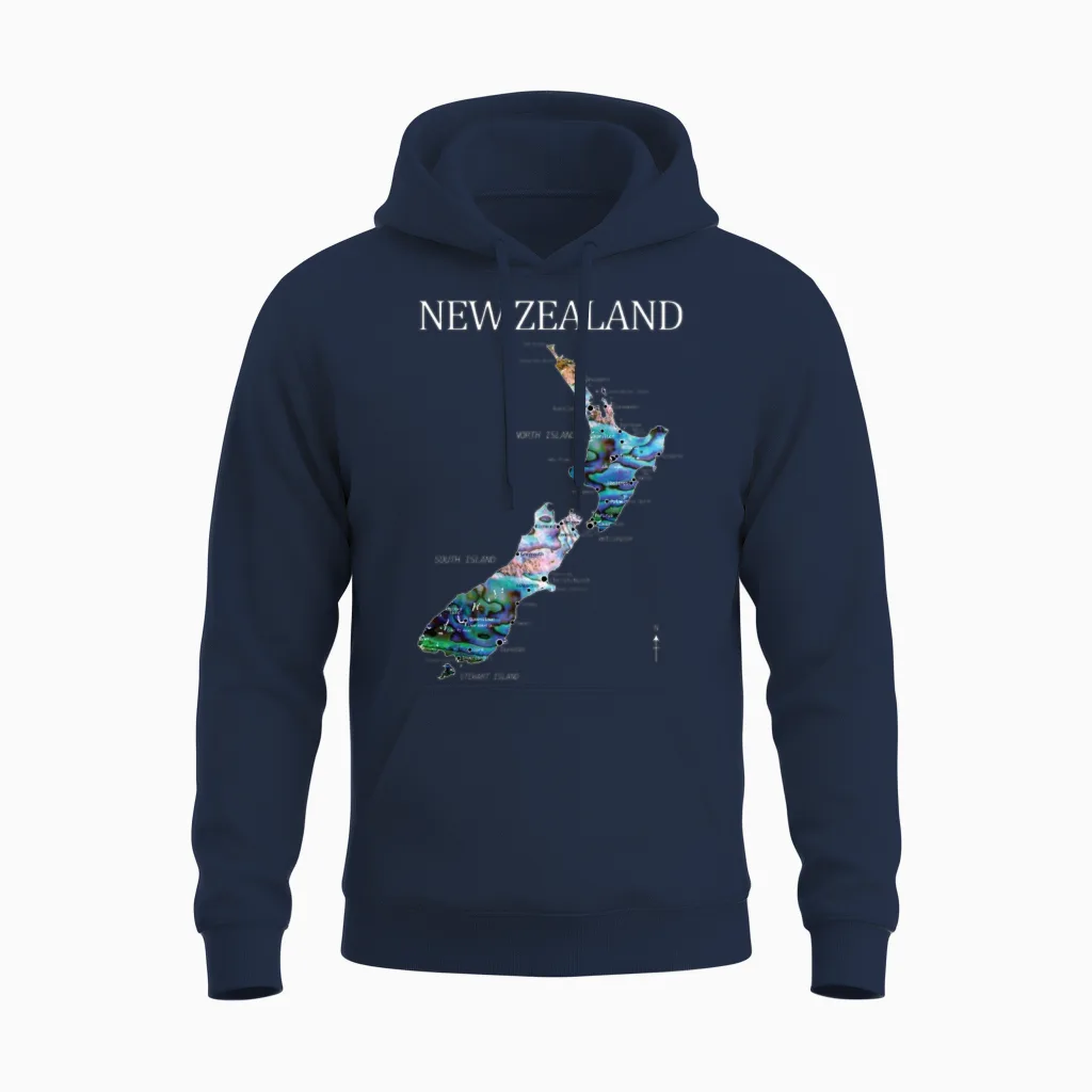 New Zealand Map Detailed Paua Unisex Hoodie in Navy