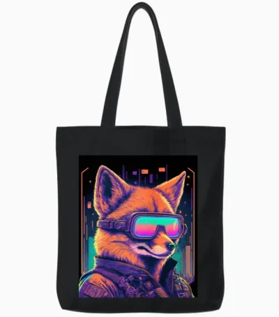 Retro Futuristic Synthwave Fox Tote Bags - Black