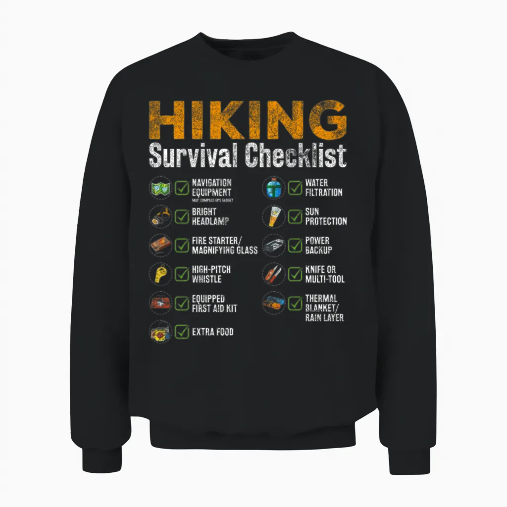 Hiking - Hiking Survival Checklist Unisex Sweatshirt in Black
