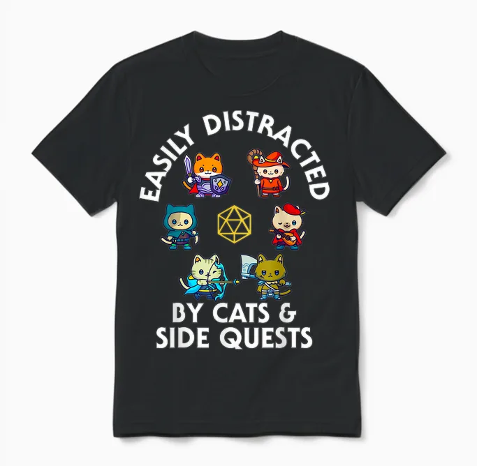 Rpg Gamer Cats Side Quest Funny Nerd Adhd Cat Men Women Unisex T-Shirt in Black