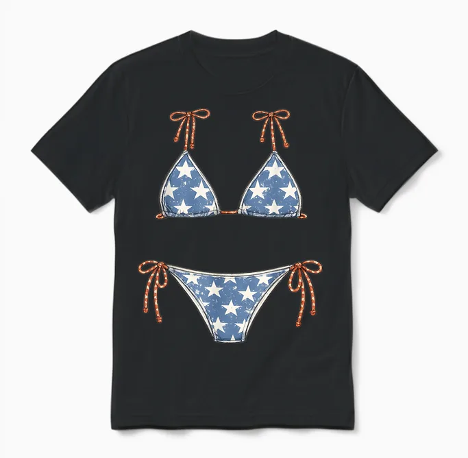 Usa Bikini Red White July 4th Blue Vacation Summer Swimsuit Unisex T-Shirt in Black