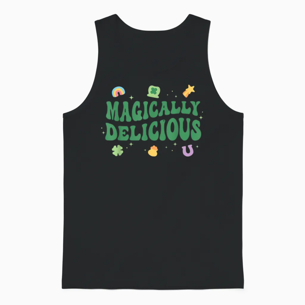 Magically Delicious Lucky Charms Groovy St Patricks Day Unisex Tank Top in Black