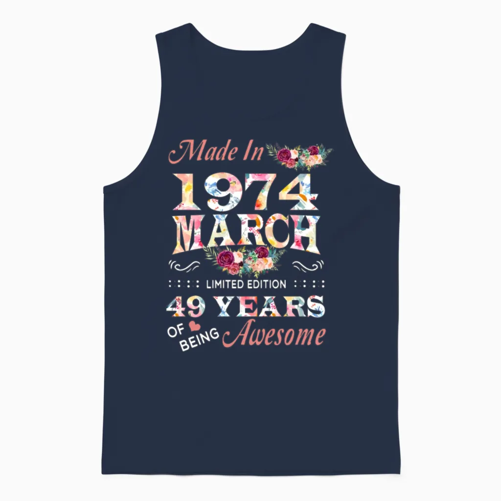 March 1974 Flower 49 Years of Being Awesome Unisex Tank Top in Navy
