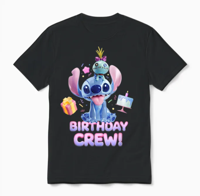 Disney Lilo & Stitch with Scrump Big Shiny Birthday Crew T-Shirt, Black Unisex T-Shirt in Black