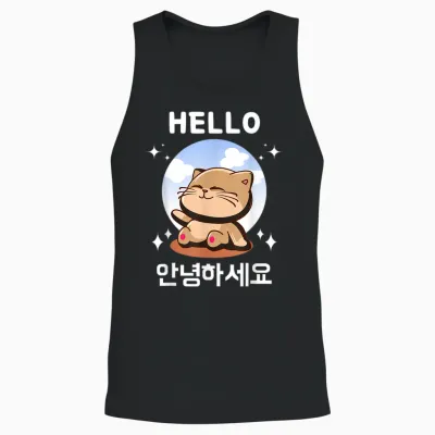 Annyeonghaseyo Kawaii Cat Says Hello Hangul Korean T-Shirt, Black, S Unisex Tank Top - Black