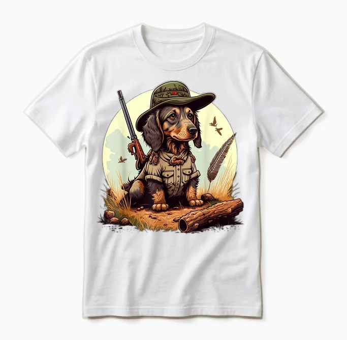 Dachshund Hunter on Dachshund Game Hunting T-Shirt, Black Unisex T-Shirt in White