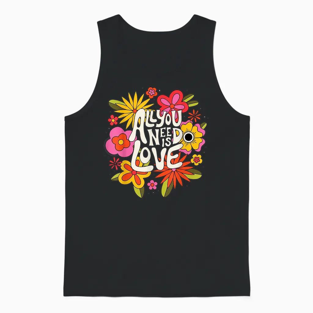 The Beatles - All You Need Is Love Retro Flowers T-Shirt, Black Unisex Tank Top in Black