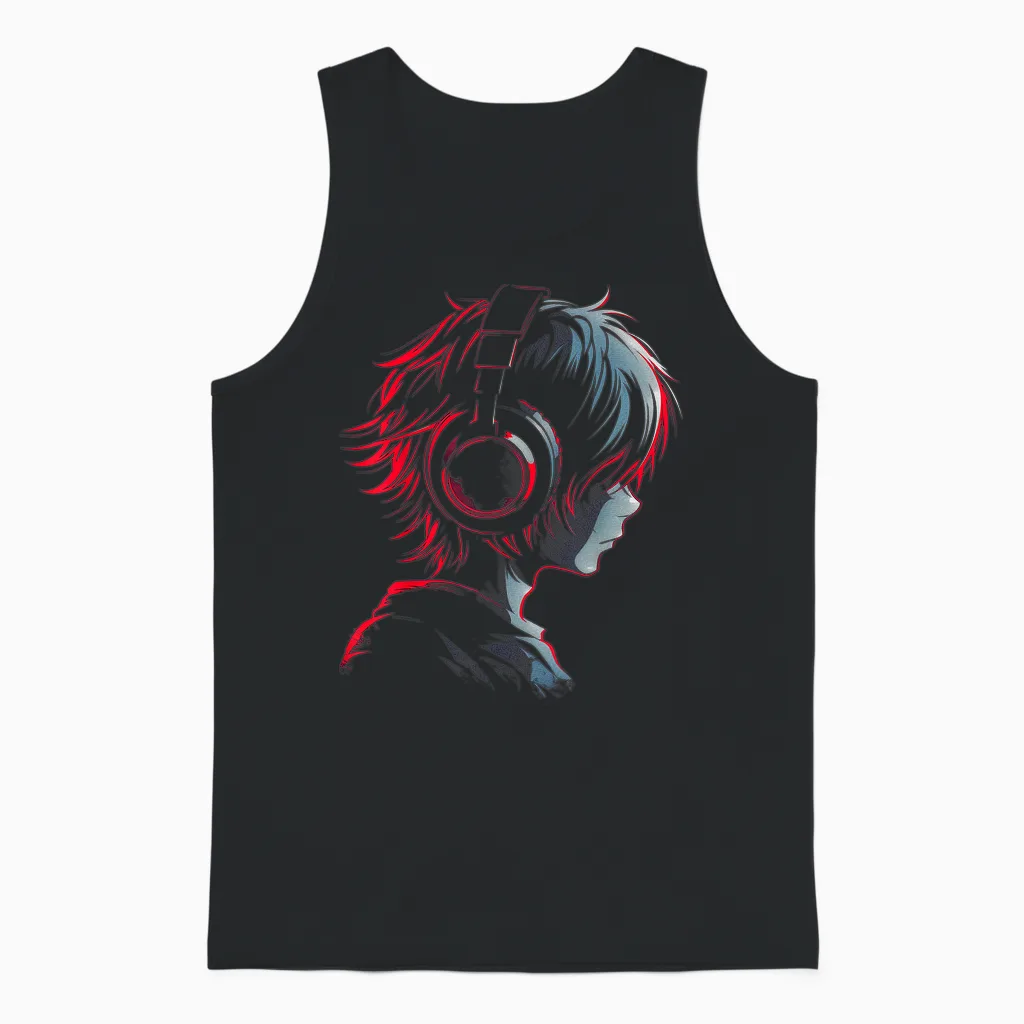 Anime Manga Graphic Headphones Artwork Anime T-Shirt, Black Unisex Tank Top in Black