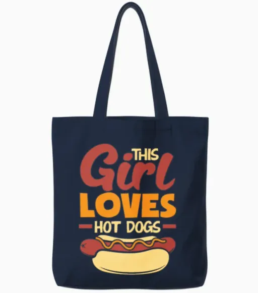 This Girl Loves Hot Dogs Fun Statement Tote Bags in Navy