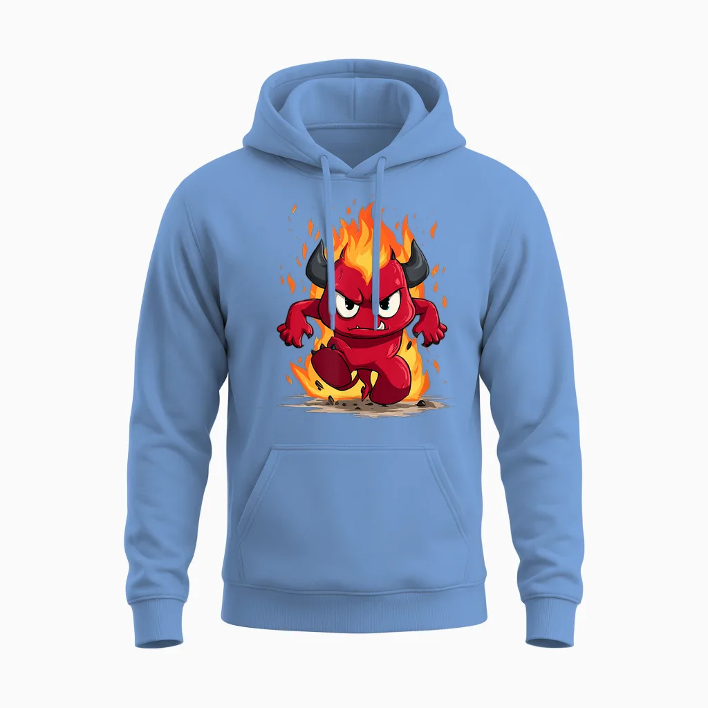 Funny Cartoon Devil with Fire and Flames Unisex Hoodie in Carolina Blue