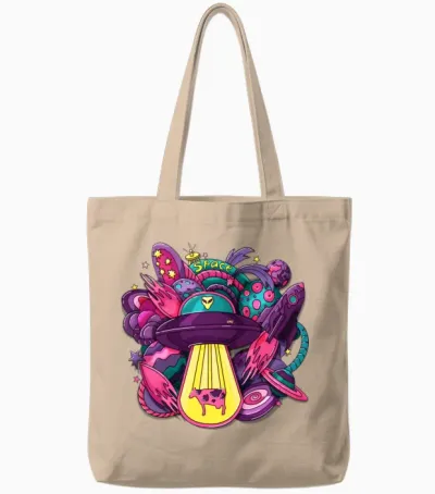 Space with Alien Saucer Rocket Planets Stars Tote Bags - Natural
