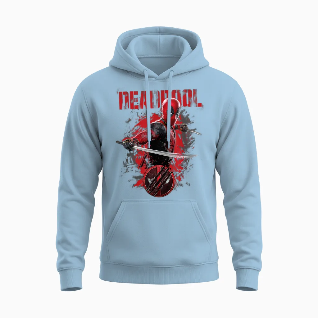 Marvel Deadpool & Wolverine Distressed Red Stamp Hero Logo T-Shirt, Black, S Unisex Hoodie in Light Blue