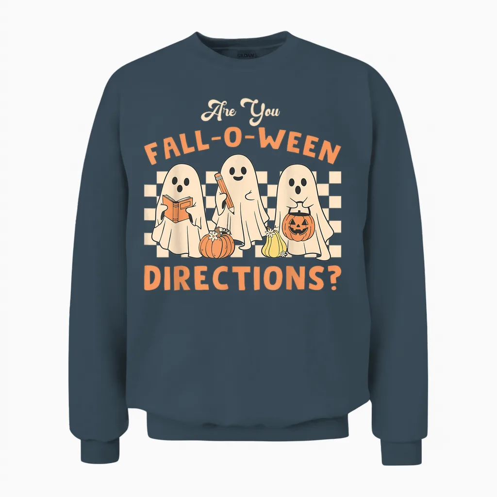 Retro Are You Fall O Ween Directions Teacher Halloween Ghost Unisex Sweatshirt in Dark Heather