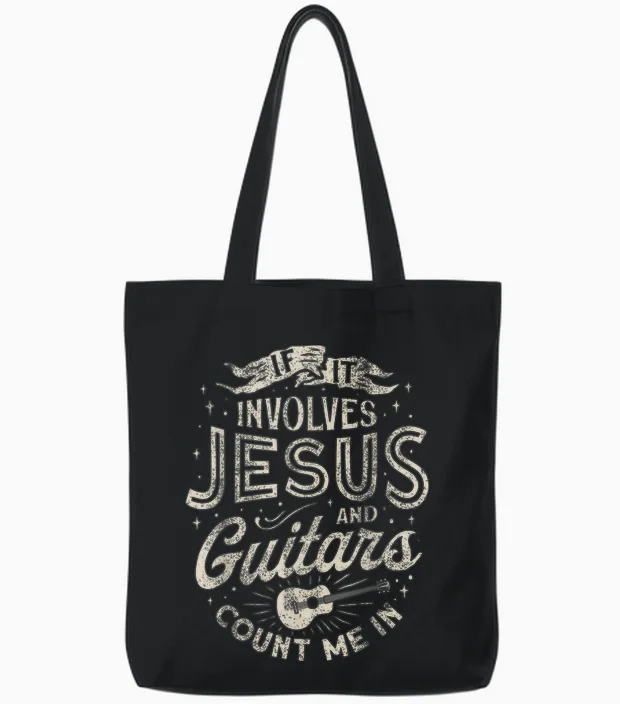 If It Involves Jesus and Guitars Guitarist Christian Music Tote Bags in Black