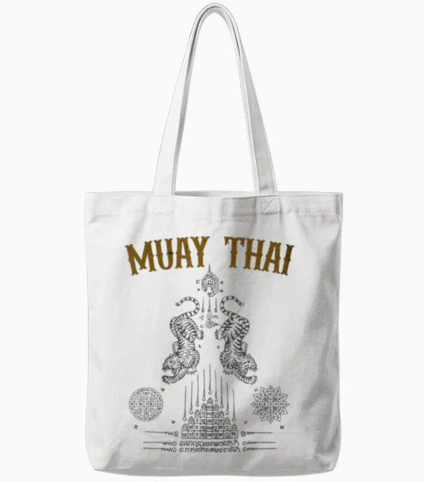 Tattoo Muay Thai Buddha Kickboxing Cultural Asian Sak Yant T-Shirt, Black, S Tote Bags in White