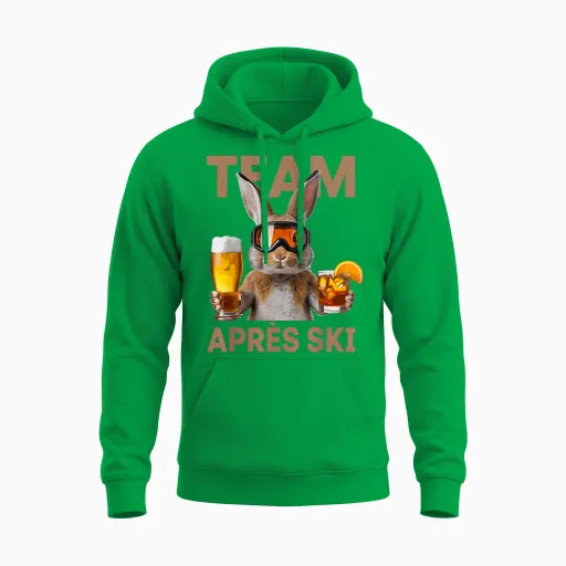 Team Après Ski Funny Rabbit Skiing Beer Cocktail Party Unisex Hoodie in Irish Green