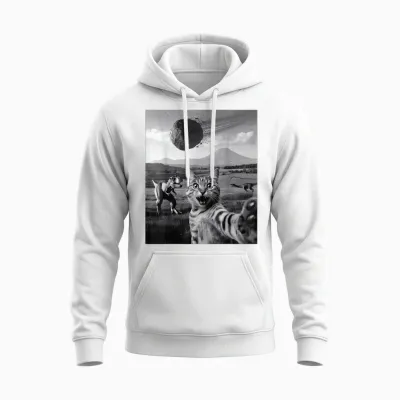 Drôle Chat Selfie Dinosaure Météore Astéroïde Curieux T-Rex Unisex Hoodie - White