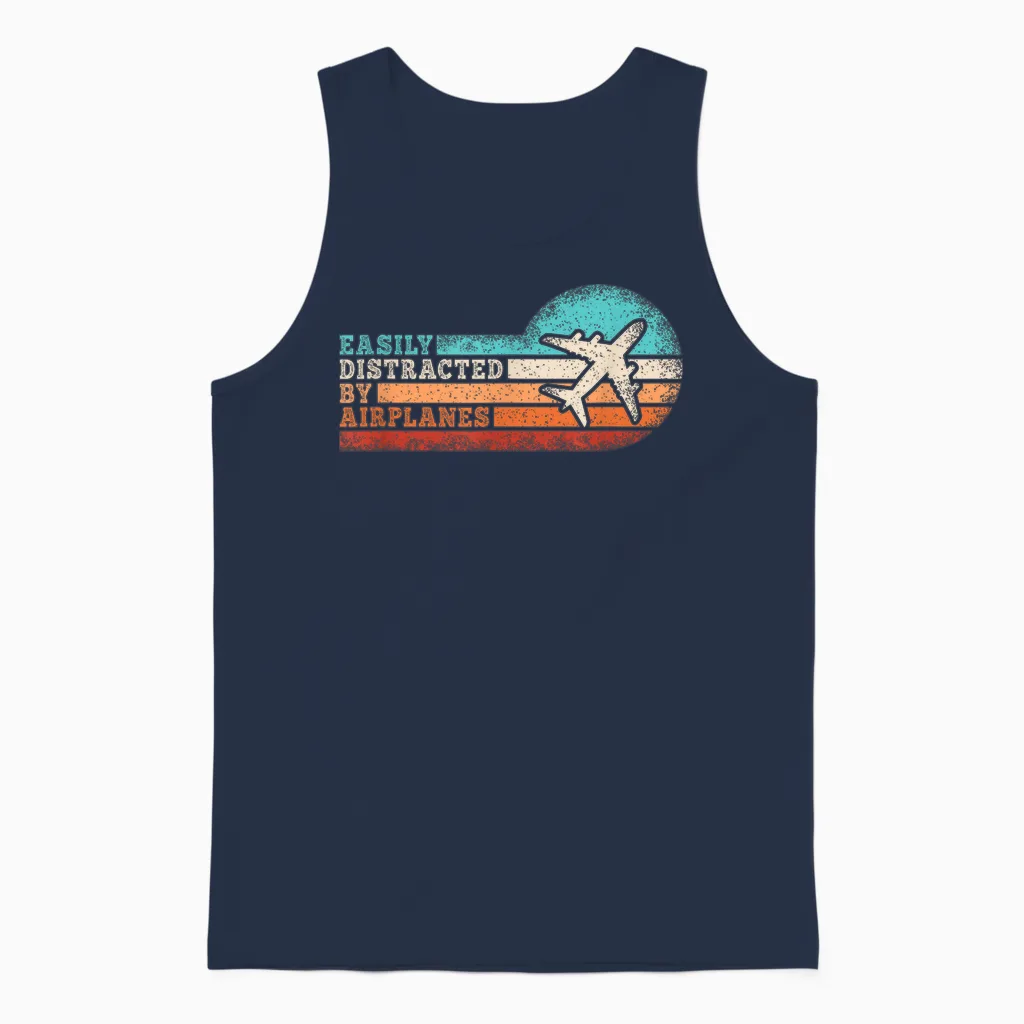 Easily Distracted by Airplanes Funny Pilot Aviation Men Unisex Tank Top in Navy