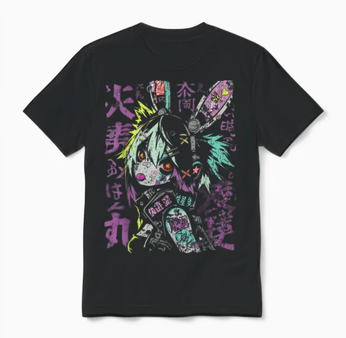 Harajuku Streetwear Cyberpunk Aesthetic Techwear Manga Anime T-Shirt, Black Unisex T-Shirt in Black