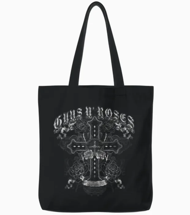 Guns N' Roses Official Vintage Cross White T-Shirt, Black Tote Bags in Black