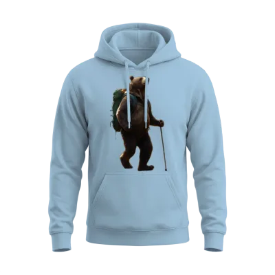 Backpacking Bear with Hiking Stick Unisex Hoodie - Light Blue