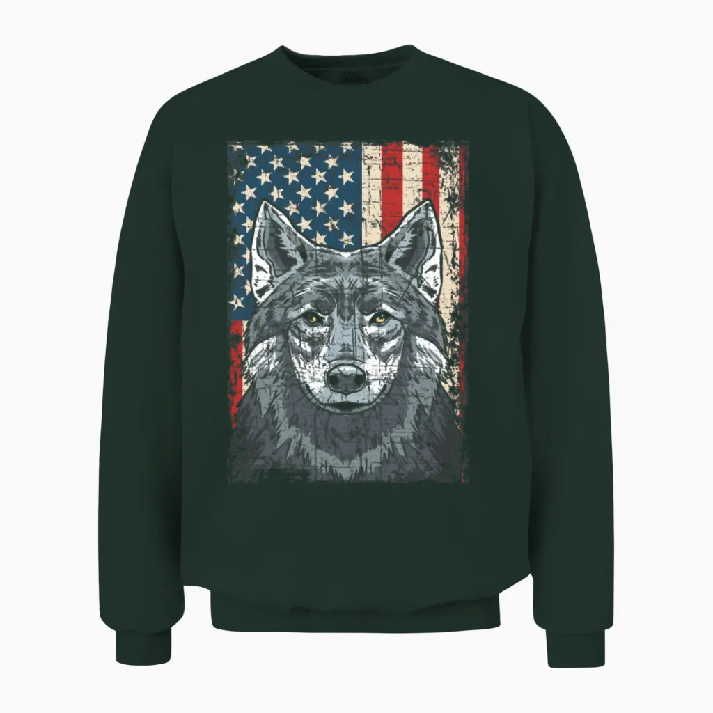 Wolf 4th of July American Flag Howling Wolves Unisex Sweatshirt in Forest