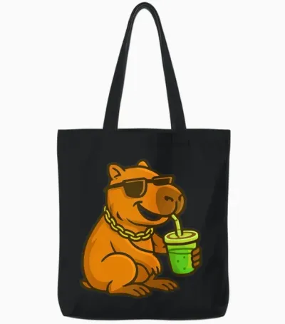 Cool Capybara Drinking Juice Cartoon Tote Bags - Black
