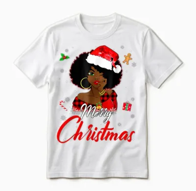 Black African Girl American Melanin Christmas Santa Hat Xmas Unisex T-Shirt - White