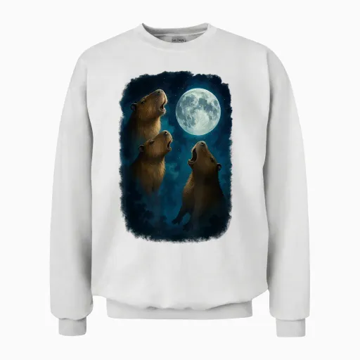 Three Capybara Howling at the Moon 3 Capybara Moon Unisex Sweatshirt - White