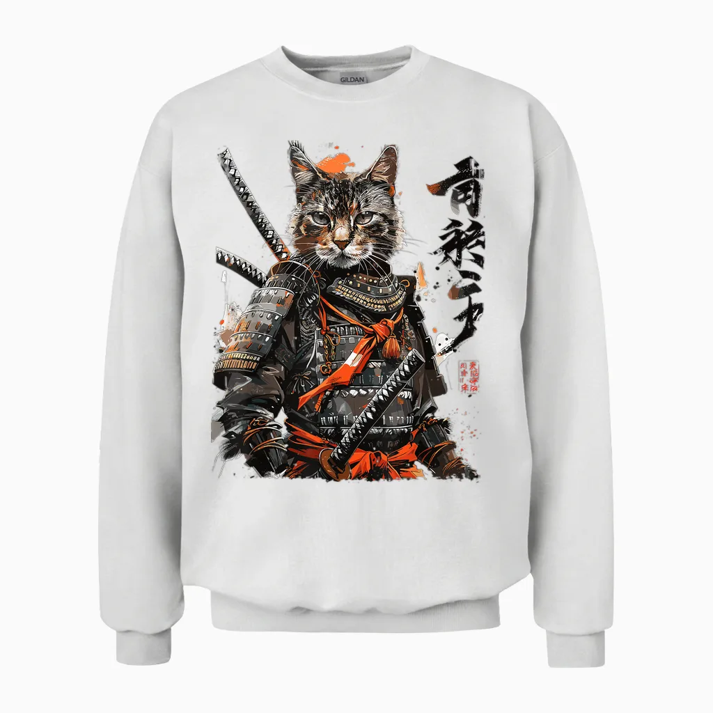 Japanese Samurai Ninja Cat Japanese Style Cat Unisex Sweatshirt in White