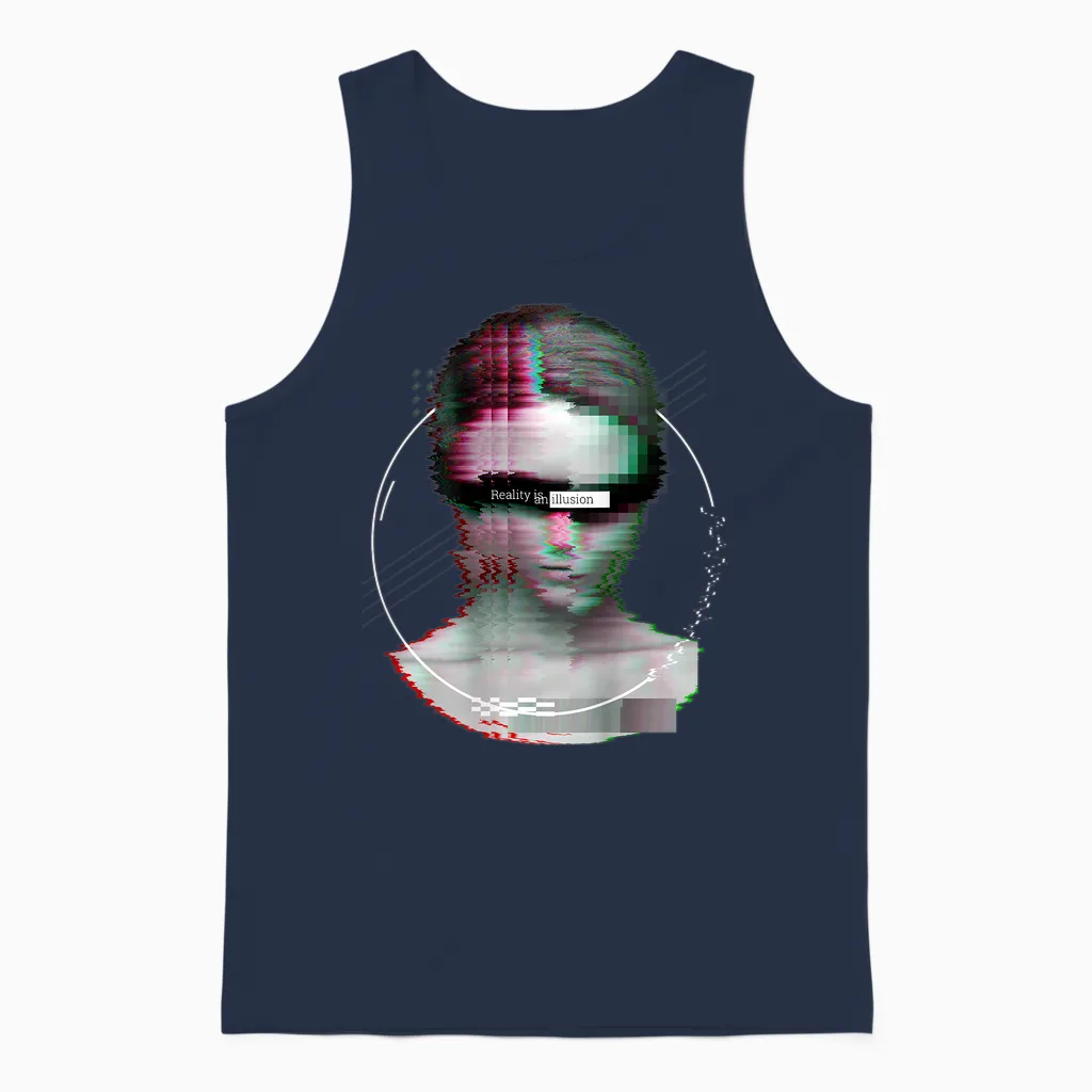 Backprint: Techno Music Vaporwave Edm Party Raver Festival T-Shirt, Black Unisex Tank Top in Navy