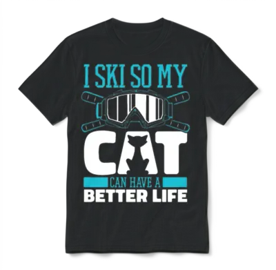 Skiing Skier Cat Unisex T-Shirt - Black