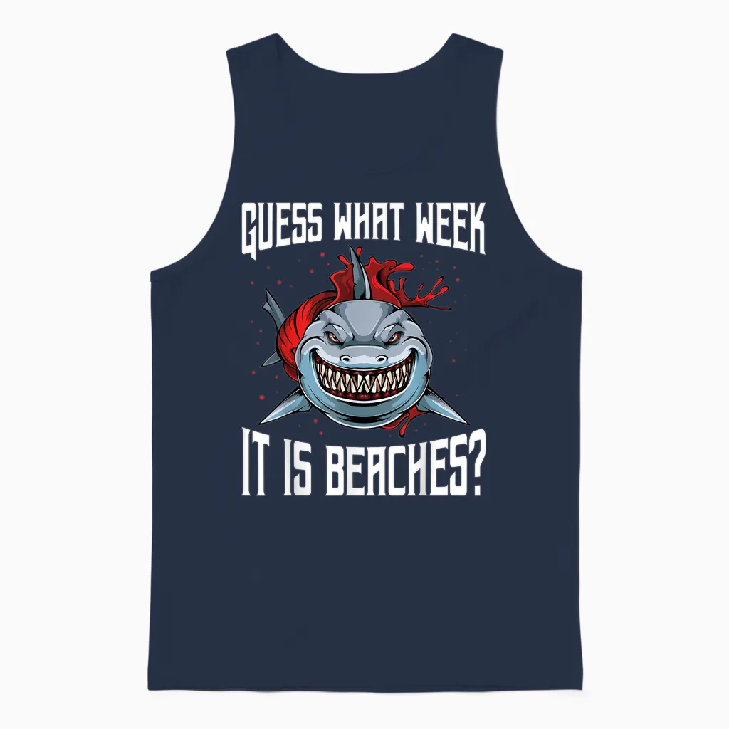 Funny Shark Joke Guess What Week It Is Sarcastic Party Beach Unisex Tank Top in Navy