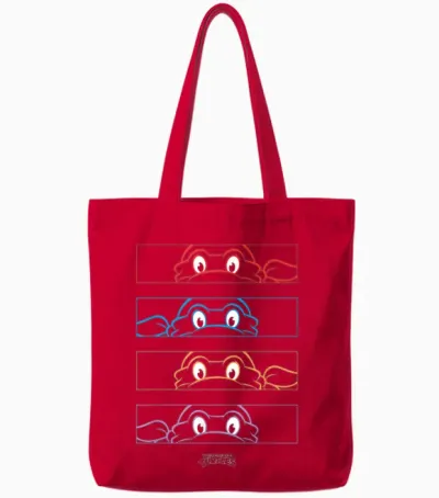 Teenage Mutant Ninja Turtles Group Line Art Face Mask Panels T-Shirt, Black Tote Bags - Red
