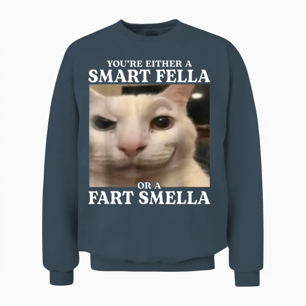 You're Either a Smart Fella or a Fart Smella Funny Cat Meme Unisex Sweatshirt in Dark Heather