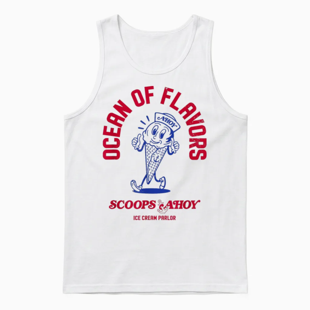 Stranger Things Scoops Ahoy Ocean of Flavors Snow Cone Logo Unisex Tank Top in White