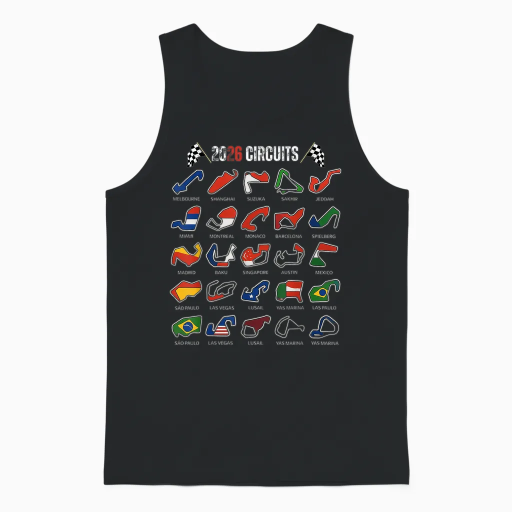 Calendar 2026 Circuit Race Car Silhouette Unisex Tank Top in Black