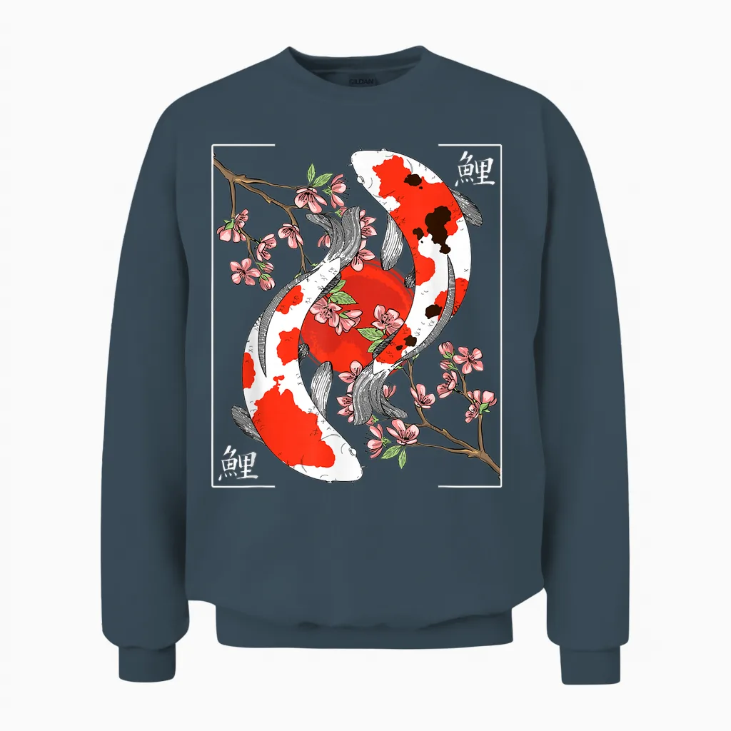 Japanese Koi Carp Nishikigoi Koi Japan Cherry Blossom T-Shirt, Black Unisex Sweatshirt in Dark Heather