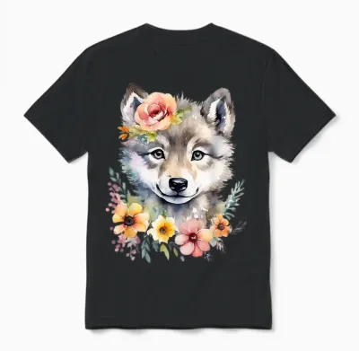 Cute Wolf Wolf Cub Wolf Motif Wolf Baby Cute Animal T-Shirt, White Unisex T-Shirt - Black