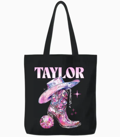 Taylor Outfit Disco Pink Cowgirl Shirt Women's Teen Girls Name T-Shirt, Black Tote Bags - Black