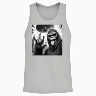 Funny Sasquatch Bigfoot Rock on Selfie with Ufo Alien Unisex Tank Top - Ash