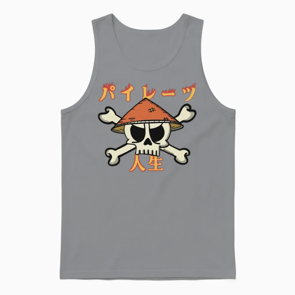 Skull with Straw Hat (a Pirates Life in Japanese) Unisex Tank Top in Sport Grey