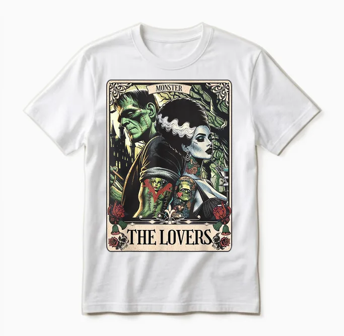 The Monster Frankenstein and Bride the Lovers Tarot Card Unisex T-Shirt in White